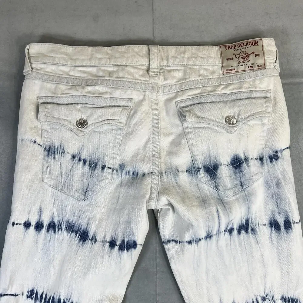 True Religion Ricky Jeans Mens 40* White Blue Dyed Relaxed Straight Flap Pockets